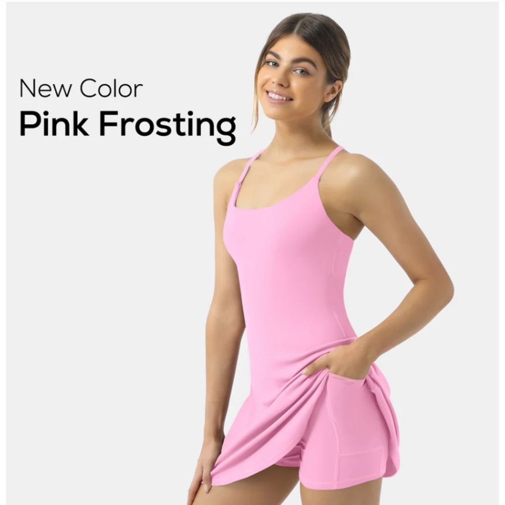 Halara Everyday Cloudful 2-in-1 flare activity dress in Pink Frosting, NWT, M